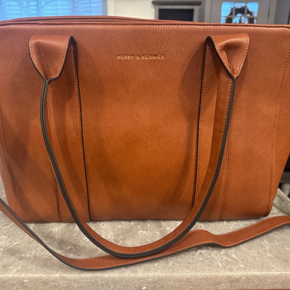 Poppy & Peonies Cognac Brown Leather Tote Bag Multitasker